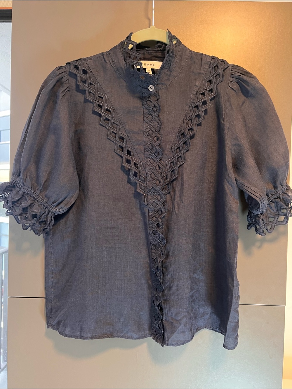 FRAME Navy Blue Ramie Lace Eyelet Embroidered Blouse Top Size S LWSH1831